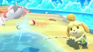 Isabelle fishing.png (1.27 MB) Using her Fishing Rod with Goldeen on Tortimer Island