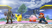 Mario alongside Link, Pikachu, and Kirby