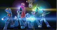 The seven Mega Men prepare their respective Busters…