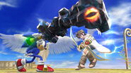 Sonic hitting Pit with the Ore Club while fighting in Palutena's Temple.