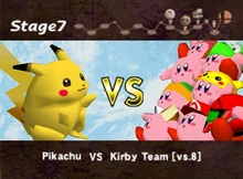 Pikachu preparing to fight the Kirby Team in SSB