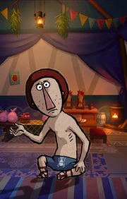 A ripped graphic of Beedle inside of his tent in Super Smash Bros