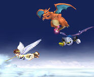 Charizard gliding, along with Pit and Meta Knight.