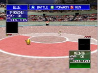 A battle in the game Pokémon Stadium. Note the Poké Ball logo in the center and the crowds of people watching the battle.