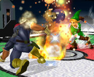 Link throwing a bomb in Super Smash Bros. Melee.