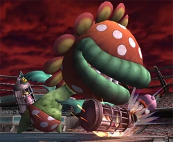 An official screenshot of Petey Piranha using his cage-sliding attack, from Smash Bros