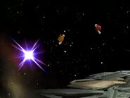 After being sent beyond the upper blast line, characters fly through the background.