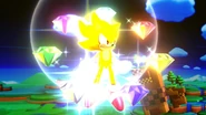 Super Sonic flying, while the Chaos Emeralds floats around him.
