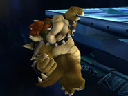 Bowser holding on the edge of a platform in the Final Destination stage