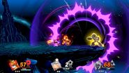 Mega Man using the Black Hole Bomb to pull in Olimar and Link