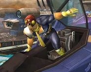 Captain Falcon exiting the Blue Falcon in his on-screen appearance in Super Smash Bros. Brawl.