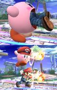 Kirby inhaling Mario in Super Smash Bros. Brawl. Once Mario is inhaled, Kirby can absorb Mario's power, allowing him to use Mario's Fireballs.