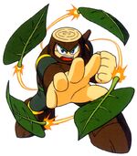 Artwork de Wood Man usando el Leaf Shield en Mega Man 2