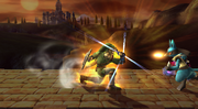 Link listo para hacer el Golpe Trifuerza en Super Smash Bros. Brawl.