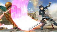 Lucina usando la Danza del sable contra Samus en el Coliseo.