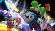 Meta Knight atacando a Mario y Yoshi SSB4 (Wii U)