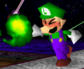 Luigi usando bola de fuego en Super Smash Bros.