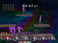 Captain Falcon junto a unos modelos 3D de lucha en el escenario.