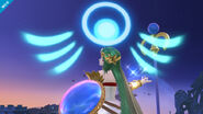 Palutena realizando lo que podría ser una burla en el campo de batalla.