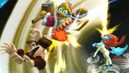 Keldeo atacando a Donkey Kong y al Rey Dedede.