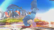 Mega Man realizando un ukemi en el Campo de batalla en Super Smash Bros. para Wii U.