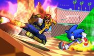 Captain Falcon y Sonic en la Zona Green Hill SSB4 (3DS)