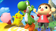 Yoshi junto a otros personajes haciendo sus burlas SSB4 (Wii U)