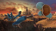 Lucario atacando a Squirtle en el Gran Puente de Eldin.