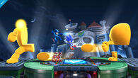 Mega Man junto a Sonic enfrentándose a Yellow Devil en el Castillo del Dr. Wily.