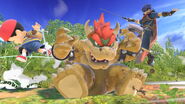 Bowser usando Bomba Bowser contra Ike y Ness en las Llanuras de Gaur.