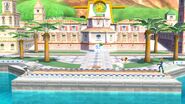 Samus Zero con Olimar y la Entrenadora de Wii Fit en Ciudad Delfino SSB4 (Wii U)