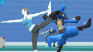 Lucario junto a la Entrenadora Wii Fit en la Zona de entrenamiento SSB4 (Wii U)