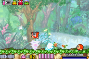 Kirby con la habilidad Tornado en Kirby y el Laberinto de los Espejos.