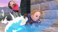 El Espadachín Mii atacando al Aldeano en el Castillo de Hyrule.