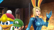 Samus Zero con una capucha conejo en Super Smash Bros. para Wii U.