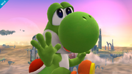 Yoshi usando su burla hacia abajo en el Campo de batalla.