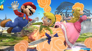 Peach y Mario siendo afectada por la explosión de una de las bombas de Toon Link.