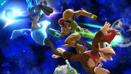 Diddy Kong usando su ataque aéreo hacia atrás contra Samus y Lucario SSB4 (Wii U)