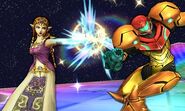 Zelda usando su ataque normal contra Samus en la Senda Arco Iris SSB4 (3DS)