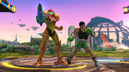 Samus junto a Little Mac realizando algunas burlas en el Campo de batalla.