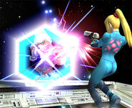 Fox usando el reflector en Super Smash Bros. Brawl protegiéndose del disparo de Samus Zero.