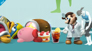 Dr. Mario, la Entrenadora de Wii Fit, Kirby y el Rey Dedede en la Sala de Wii Fit.