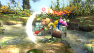 Olimar atacando mientras se suelta de los Pikmin alados.