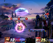 Donkey Kong usando el Konga Beat en Super Smash Bros. para Wii U mostrando el mensaje de "Mal".