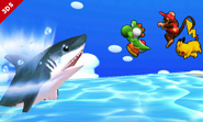 Yoshi junto a Diddy Kong y Pikachu en la playa de la Isla Tórtimer SSB4 (3DS)
