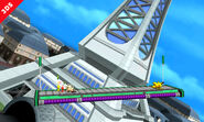 Pikachu y Olimar elevandose hacia la parte alta de la Torre Prisma - (SSB. for 3DS)