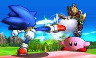 Sonic luchando contra Kirby y Fox sobre el Tren de los Dioses.