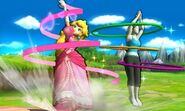 Peach realizando su Ataque Smash hacia arriba y la Entrenadora de Wii Fit realizando su Movimiento especial hacia arriba en el Tren de los Dioses.