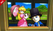 Peach junto a un Mii Lanzador en el Tren de los Dioses SSB4 (3DS)