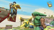 Link sosteniendo un Telescarabajo y Marth siendo agarrado por uno en Super Smash Bros. para Wii U.